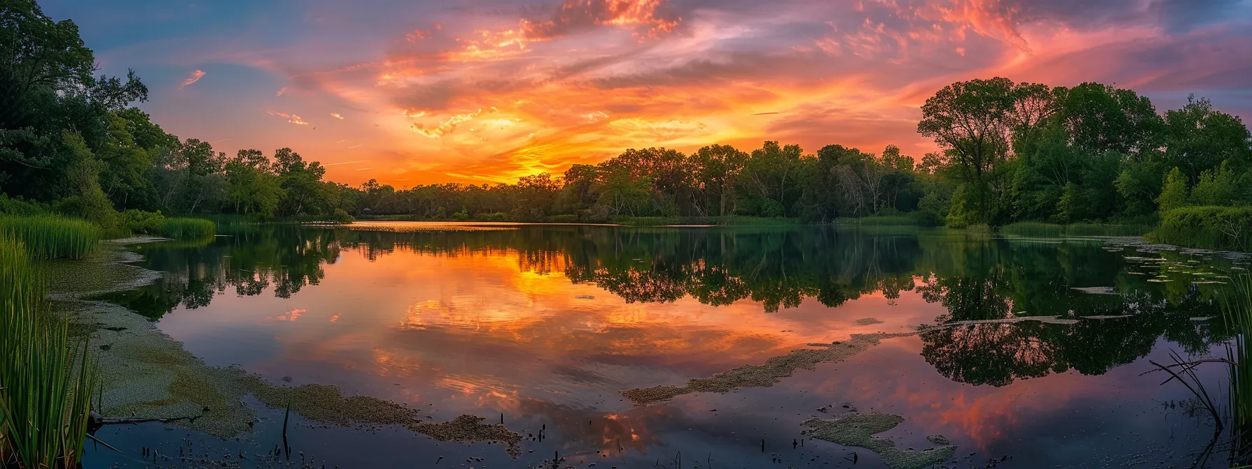 a vibrant sunset casts a golden hue over a serene lake, reflecting the colorful sky and surrounded by lush greenery, creating a tranquil and picturesque landscape.