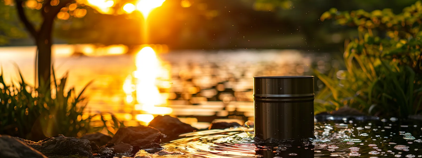 a vibrant sunset casts a warm golden light over a tranquil lake, reflecting the stunning hues of orange and pink across the water’s surface, surrounded by lush green trees.