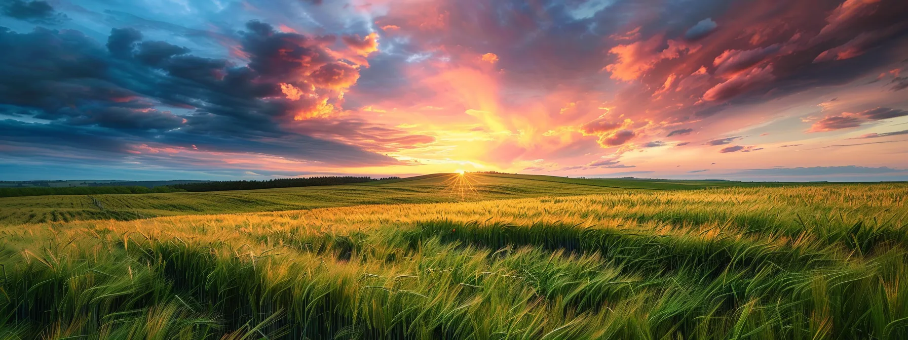 a vibrant sunset casts a golden hue over a serene landscape, where lush fields roll gently under a vast, colorful sky filled with wispy clouds.