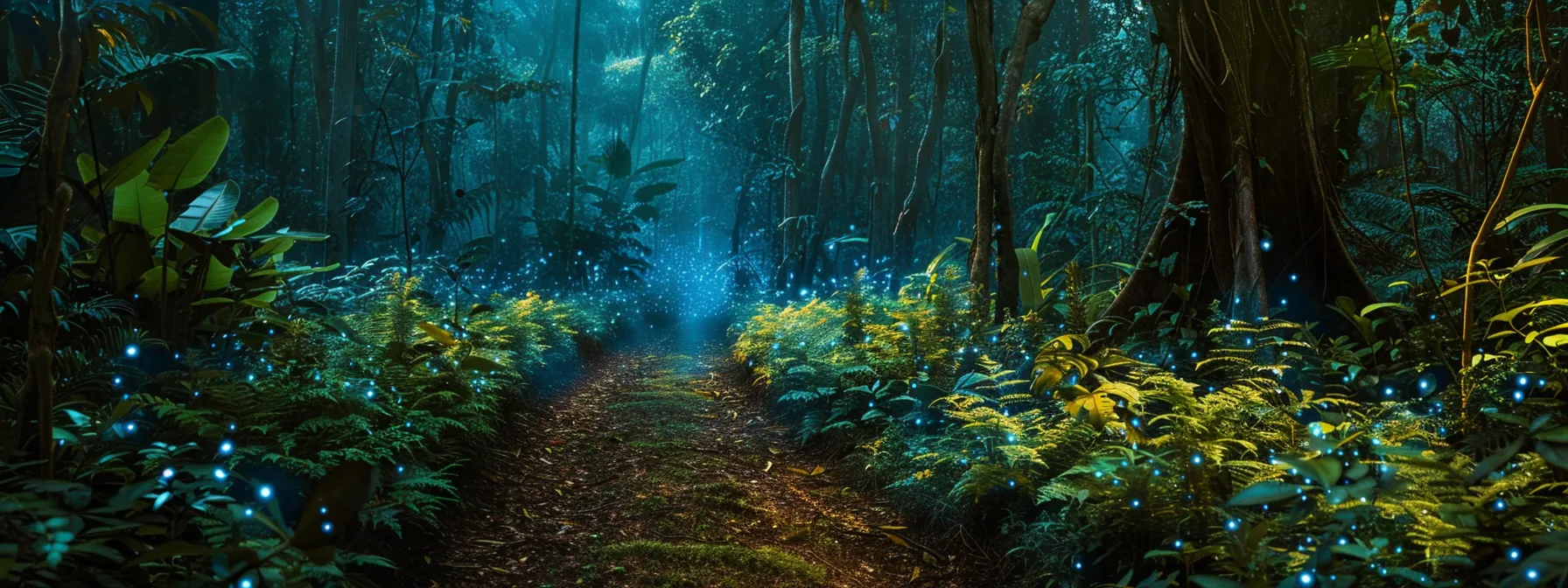 an enchanting twilight scene of a vibrant forest, where bioluminescent plants illuminate the path, casting a mesmerizing glow over the lush greenery and inviting the viewer into a world of natural wonder.